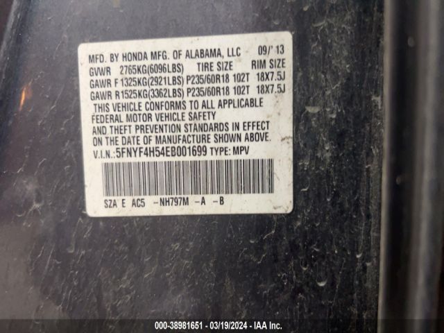 5FNYF4H54EB001699 Honda Pilot Ex-l
