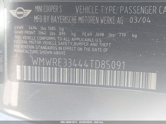 2004 MINI COOPER S WMWRE33444TD85091 Photo 8