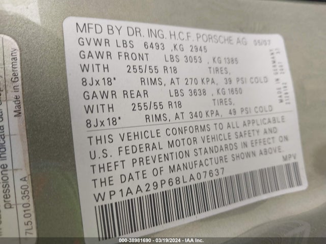 2008 PORSCHE CAYENNE WP1AA29P68LA07637 Photo 8