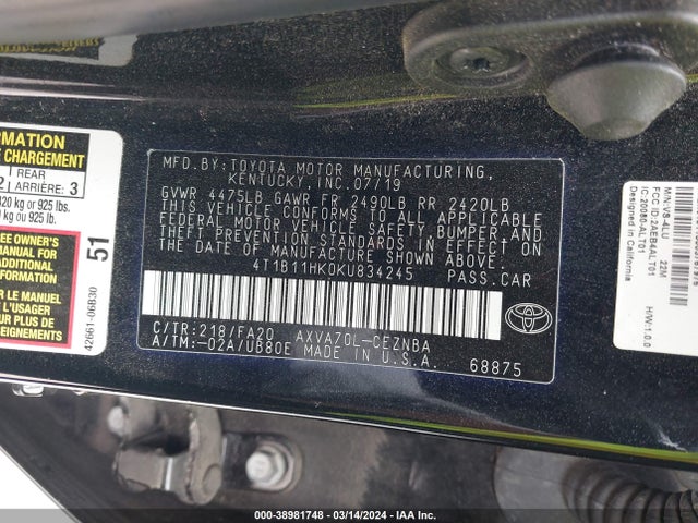 Toyota CAMRY LE 2019 4T1B11HK0KU834245 Image 9