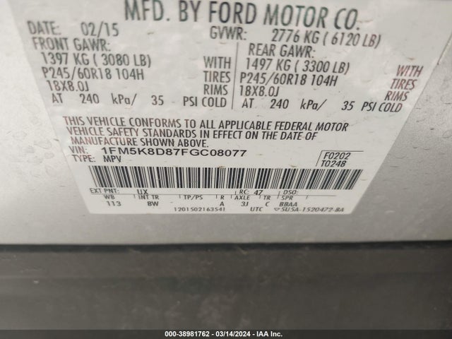 Ford EXPLORER XLT 2015 1FM5K8D87FGC08077 Image 9