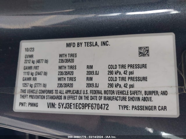 5YJ3E1EC9PF670472 Tesla Model 3 Performance Dual Motor All-wheel Drive