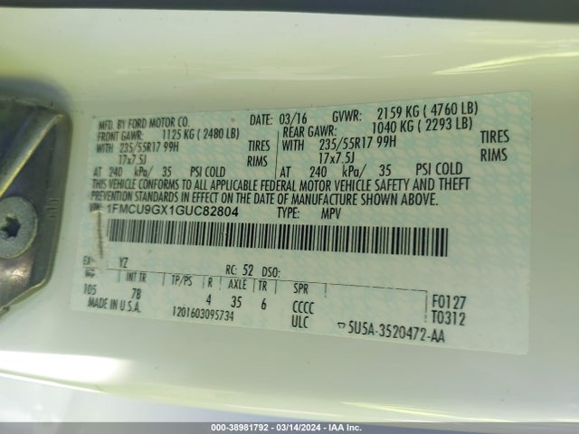 Ford ESCAPE SE 2016 1FMCU9GX1GUC82804 Image 9