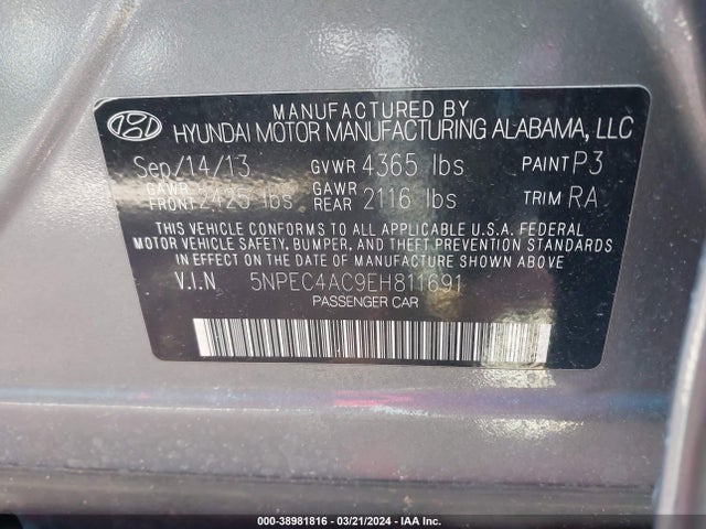 Hyundai SONATA SE 2014 5NPEC4AC9EH811691 Image 9
