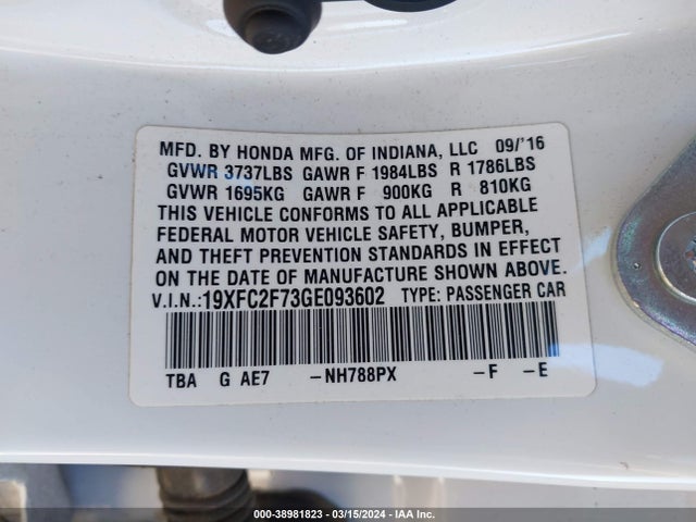 Honda CIVIC EX 2016 19XFC2F73GE093602 Image 9