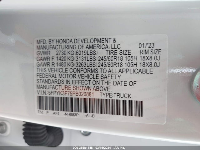Honda Ridgeline Rtl-e 2023 5FPYK3F75PB020881 Image 9