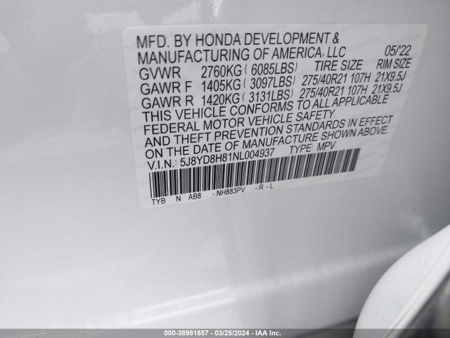 Acura Mdx Type S W/advance Package 2022 5J8YD8H81NL004937 Image 9