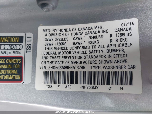 Honda CIVIC EX 2015 2HGFG3A89FH513796 Image 9