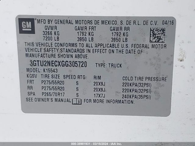 3GTU2NECXGG305720 GMC Sierra 1500 Slt