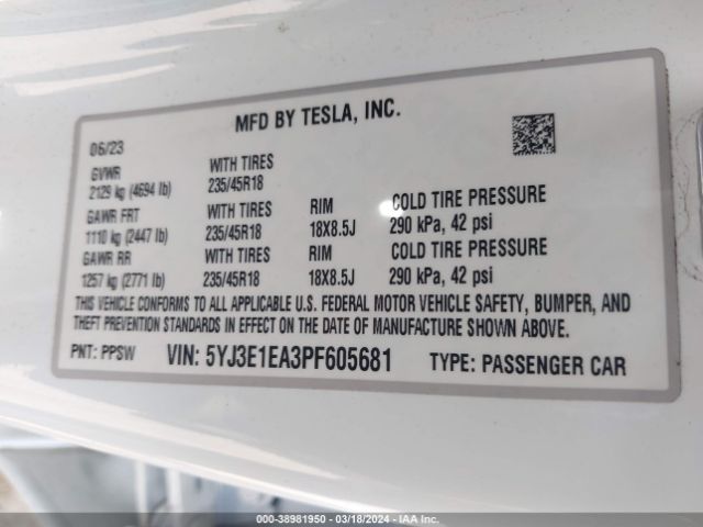 5YJ3E1EA3PF605681 Tesla Model 3 Rear-wheel Drive