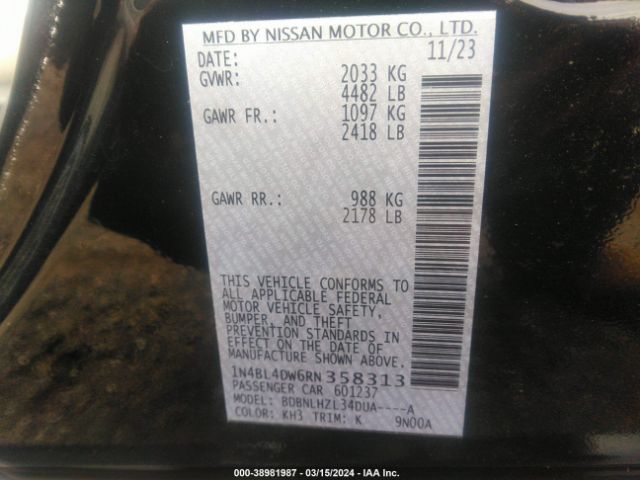 1N4BL4DW6RN358313 Nissan Altima Sv Intelligent Awd