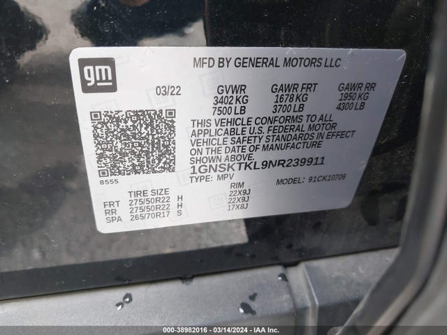1GNSKTKL9NR239911 Chevrolet Tahoe 4wd High Country