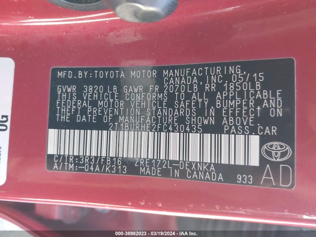 Toyota COROLLA LE 2015 2T1BURHE2FC430435 Image 9