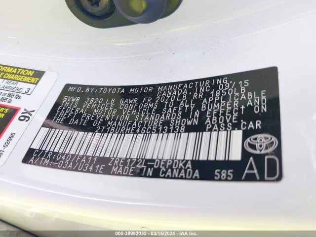 Toyota COROLLA L 2016 2T1BURHE4GC513138 Image 9