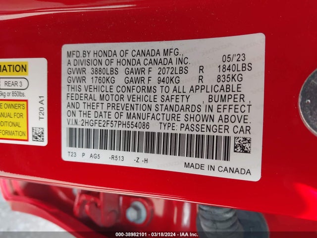 Honda Civic Sport 2023 2HGFE2F57PH554086 Image 9