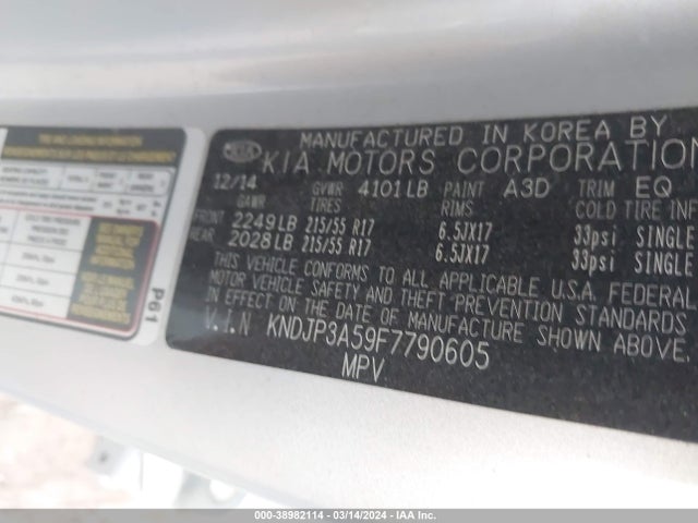 KIA SOUL + 2015 KNDJP3A59F7790605 Image 9