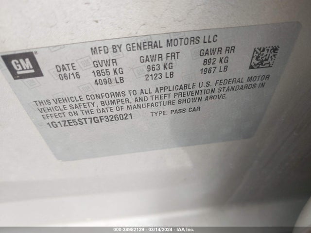 Chevrolet MALIBU 1LT 2016 1G1ZE5ST7GF326021 Image 9