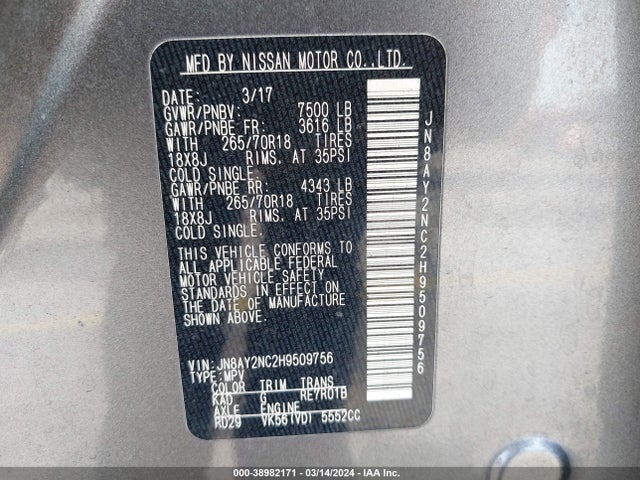 Nissan ARMADA SV 2017 JN8AY2NC2H9509756 Image 9