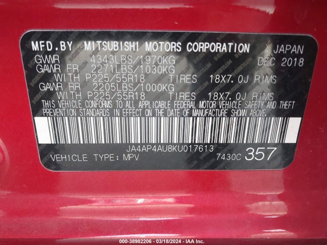 JA4AP4AU8KU017613 Mitsubishi Outlander Sport 2.0 Se