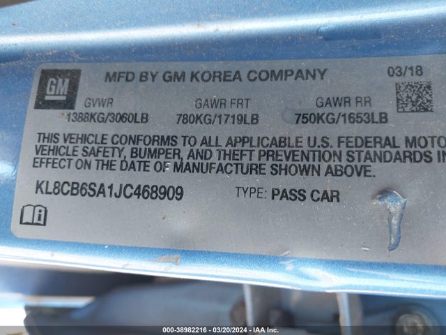 2018 Chevrolet Spark Ls Cvt მანქანა იყიდება აუქციონზე, vin: KL8CB6SA1JC468909, აუქციონის ნომერი: 38982216