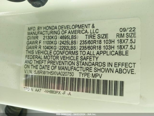 5J6RW1H5XNA020750 Honda Cr-v 2wd Ex