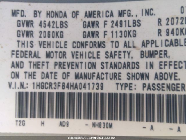 1HGCR3F84HA041739 Honda Accord Ex-l V6