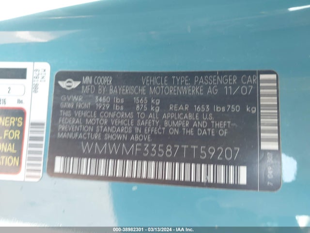 2007 MINI COOPER WMWMF33587TT59207 Photo 8