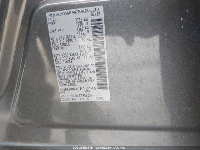 Nissan Pathfinder Sv 2019 5N1DR2MN4KC612448 Image 9