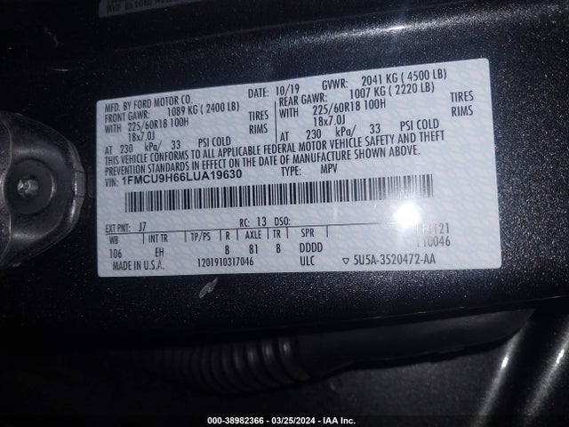 Ford ESCAPE SEL 2020 1FMCU9H66LUA19630 Image 9