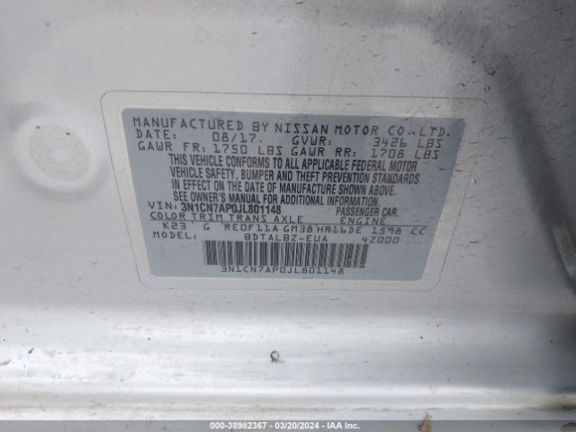 3N1CN7AP0JL801148 Nissan Versa 1.6 Sv