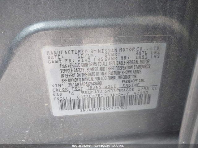 Nissan SENTRA SV 2019 3N1AB7AP5KY434901 Image 9
