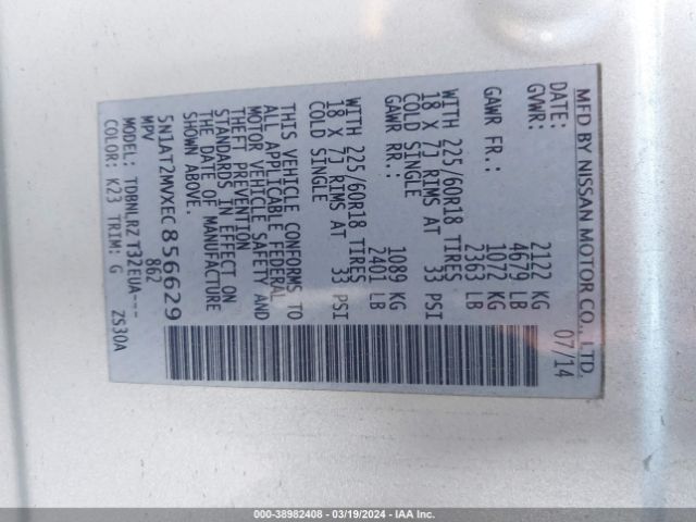 5N1AT2MVXEC856629 Nissan Rogue Sl
