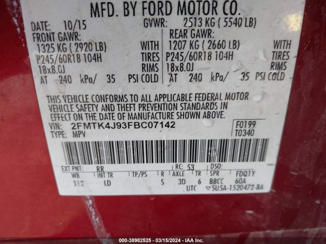 Ford EDGE SEL 2015 2FMTK4J93FBC07142 Image 9