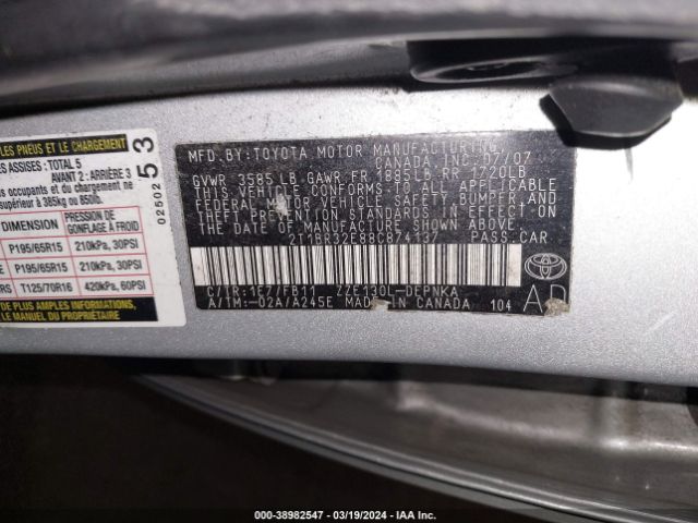 2008 TOYOTA COROLLA 2T1BR32E88C874137 Photo 8