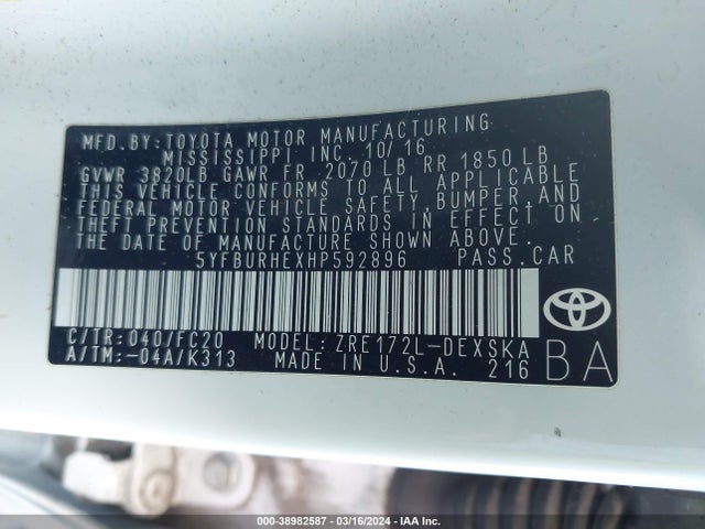 Toyota COROLLA SE 2017 5YFBURHEXHP592896 Image 9