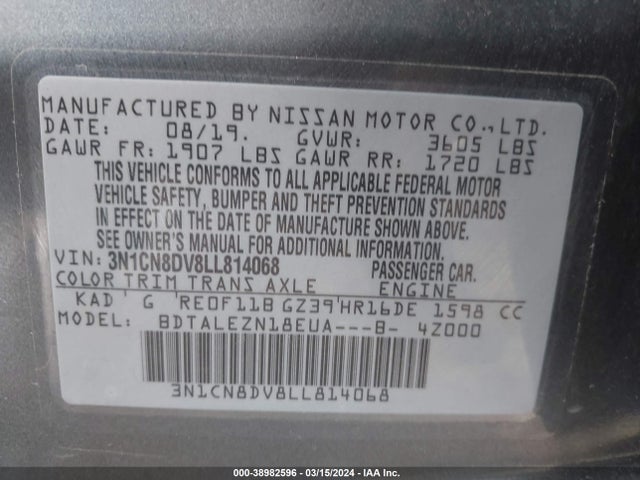 Nissan Versa S Xtronic Cvt 2020 3N1CN8DV8LL814068 Image 9