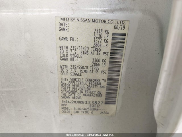 Nissan Murano Platinum 2019 5N1AZ2MJ0KN153827 Image 9