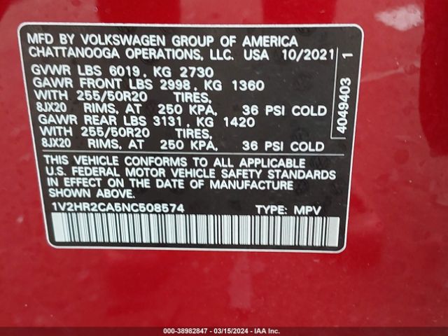 1V2HR2CA5NC508574 Volkswagen Atlas 3.6l V6 Se W/technology