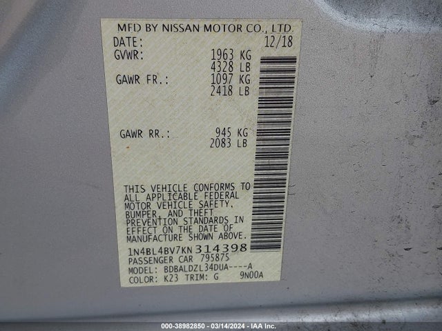 Nissan Altima 2.5 S 2019 1N4BL4BV7KN314398 Image 9