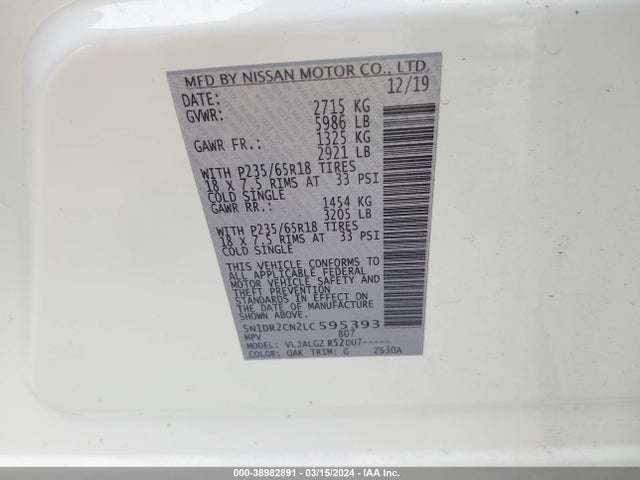 Nissan Pathfinder Sl 2wd 2020 5N1DR2CN2LC595393 Image 9