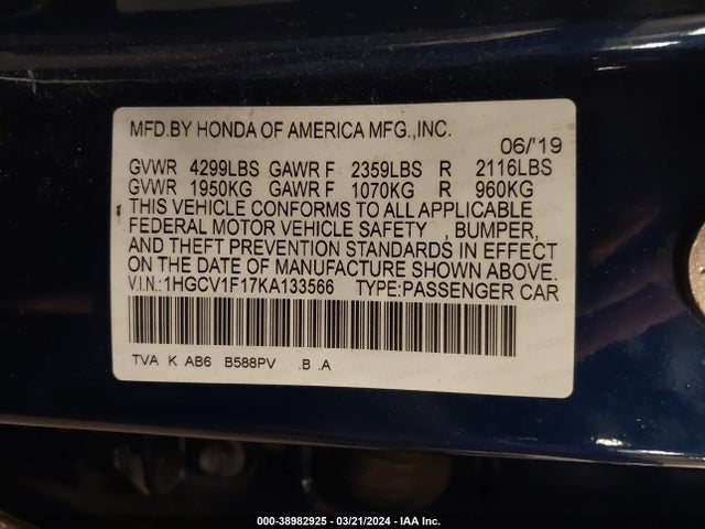 Honda ACCORD LX 2019 1HGCV1F17KA133566 Image 9