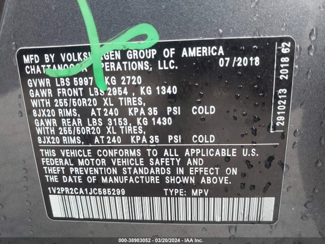 1V2PR2CA1JC585299 Volkswagen Atlas 3.6l V6 Se W/technology