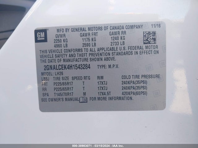 Chevrolet EQUINOX LT 2017 2GNALCEK4H1543284 Image 9