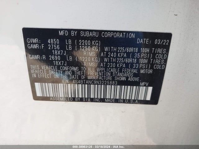 Subaru Outback Limited 2022 4S4BTANC9N3225883 Image 9