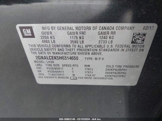 Chevrolet EQUINOX LT 2017 2GNALCEK5H6314650 Image 9