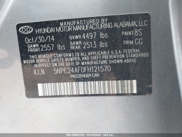 Hyundai SONATA SE 2015 5NPE24AF0FH121570 Image 9