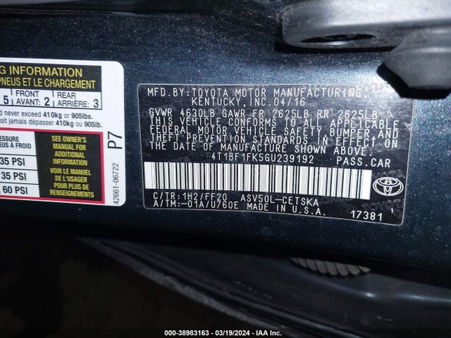 Toyota CAMRY SE 2016 4T1BF1FK5GU239192 Image 9
