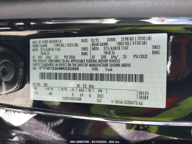 Ford F-150 Lariat 2021 1FTFW1E86MKE92699 Image 9
