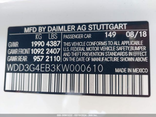 WDD3G4EB3KW000610 Mercedes-Benz A 220