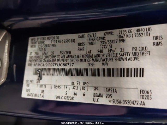 Ford ESCAPE SE 2015 1FMCU9G97FUC80717 Image 9
